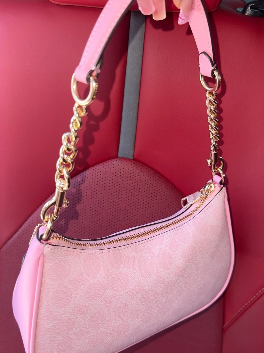 Coach Pink Signature Mini Shoulder Bag with Gold Chain